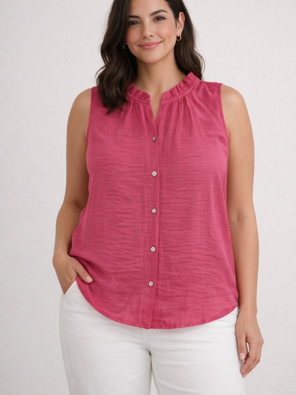 Nanette Lepore Pink Ruffle Neck Sleeveless Button Down Blouse Large